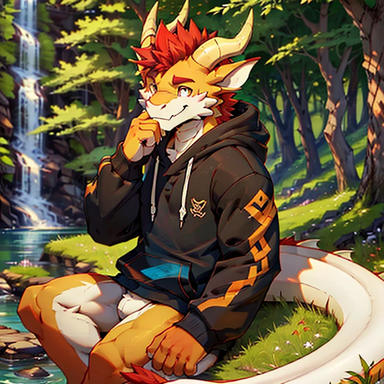 best quality, (masterpiece), (ultra detailed), (high quality), (high resolution), nj5furry, tall handsome sexy yellow dragon, red hair, dragon tail, horns, dragon nose, cute eyes, sitting, hoodie, nature, male, happy, white fur, white body, 
