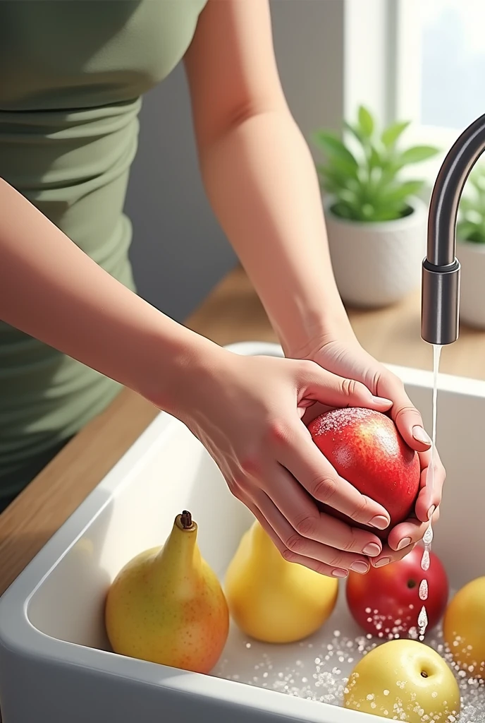 A person washing a fruit vigorously