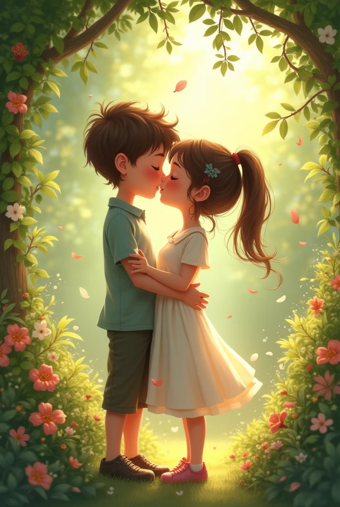 Boy and girl kiss at garden