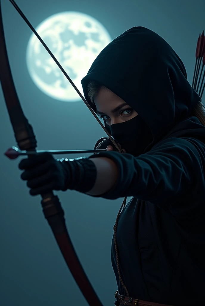 Close-up from aside A hyper-realistic image of a woman wearing like a ninja that covered her head, nose and her mouth shooting an arrow. It's dark at night. The ninja is aiming the arrow at the moon in front of her from a distance. The image should be taken at aside and ficus to her face, and the arrow.  The arrow is pointed to the moon. Full moon. 