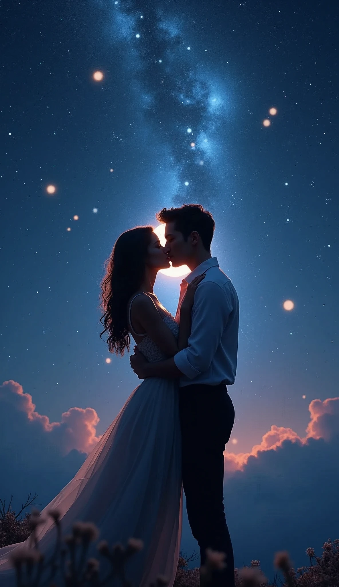 a tender kiss under a starry night sky, unreal engine, photorealistic, 8k, highly detailed, dramatic lighting, cinematic composition, breathtaking scenery, romantic atmosphere, glowing stars, moonlight, ethereal, fantasy, surreal, dreamlike, dramatic, emotional, captivating, stunning, mesmerizing
