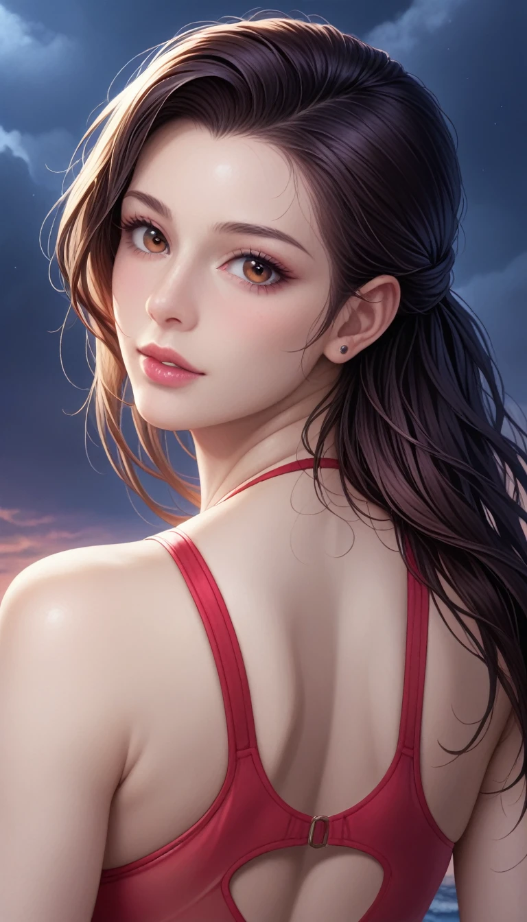 score_9, score_8_superior, score_7_superior, High-resolution CG illustration,A masterpiece in 32K resolution,Highest quality,it is really amazing,Very detailed,Ultra-high resolution,Ultra-realistic,Realistic,Increased depth of field,Cinematic lighting,
Sexy mature Japan woman,
Straight long hair with black hair,Ultra-detailed and beautiful face,Calm and gentle look,Beautiful brown eyes,Translucent white skin,Realistic skin texture,Great proportions,
Elegant red swimsuit,
Simple design,Chic color scheme based on red,Detailed fabric texture,
(Dark overcast sky on a dull night:1.1),(Dark clouds filling the sky:1.1),Thundercloud,Coastline at night,Stormy seas,delay々A desolate sandy beach that continues,
Shapely ass,(Beautiful back view:1.1),Cinematic,