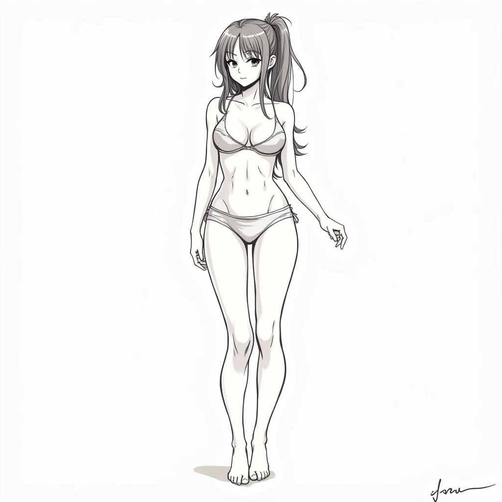 a drawing of a woman in a bikini and panties, pose casual, Realistic proportions SFW, unrealistic character concepts, line art, anime style character, girls fanart, anime sketch, Realistic proportions!!, Realistic character concept, Semi-realistic anime style, full body character drawing, pen and ink manga drawing, manga character, loose pencil sketch