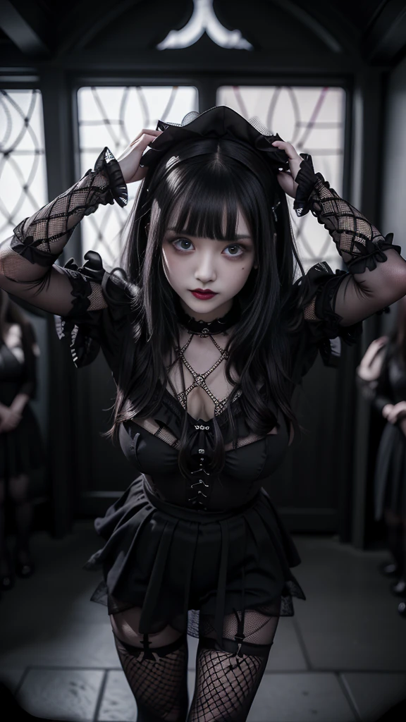 RAW Photos、8k、(Highest quality)、Realistic、(live-action、Intricate details)、(Natural skin texture、Detailed skin、Hyperrealism、Sharpness)、(Pale Skin:1.4、Large chest)、((((Black Thong、Black Gothic Fashion、Fishnet tights)))、Japanese teenage girls stand、((Straight Hair、Fluffy bangs))、(Parting lips:1.3、eye shadow、Tear bags:1.3、Red lips、Dark circles under the eyes)、Thighs、1、(((smile、Large Breasts、tight、黒いee-through、Frills、Semi-long hair、boots、Sticking out a long tongue))、LTRA Details、Fascinating beauty、Dainty woman、Cool Girl、Wavy Hair、Black chiffon dress、Wide sleeves、flered skirt、Black pantyhose、Evil Female Executive、Evil Fall、brainwash、lacy fabric、Glossy legs、black lipstick、Evil look、Suspicious look、Hollow eyes、wicked、Reaching out、Arms up、In the Church、Palm forward、Purple Lipstick、Pendants