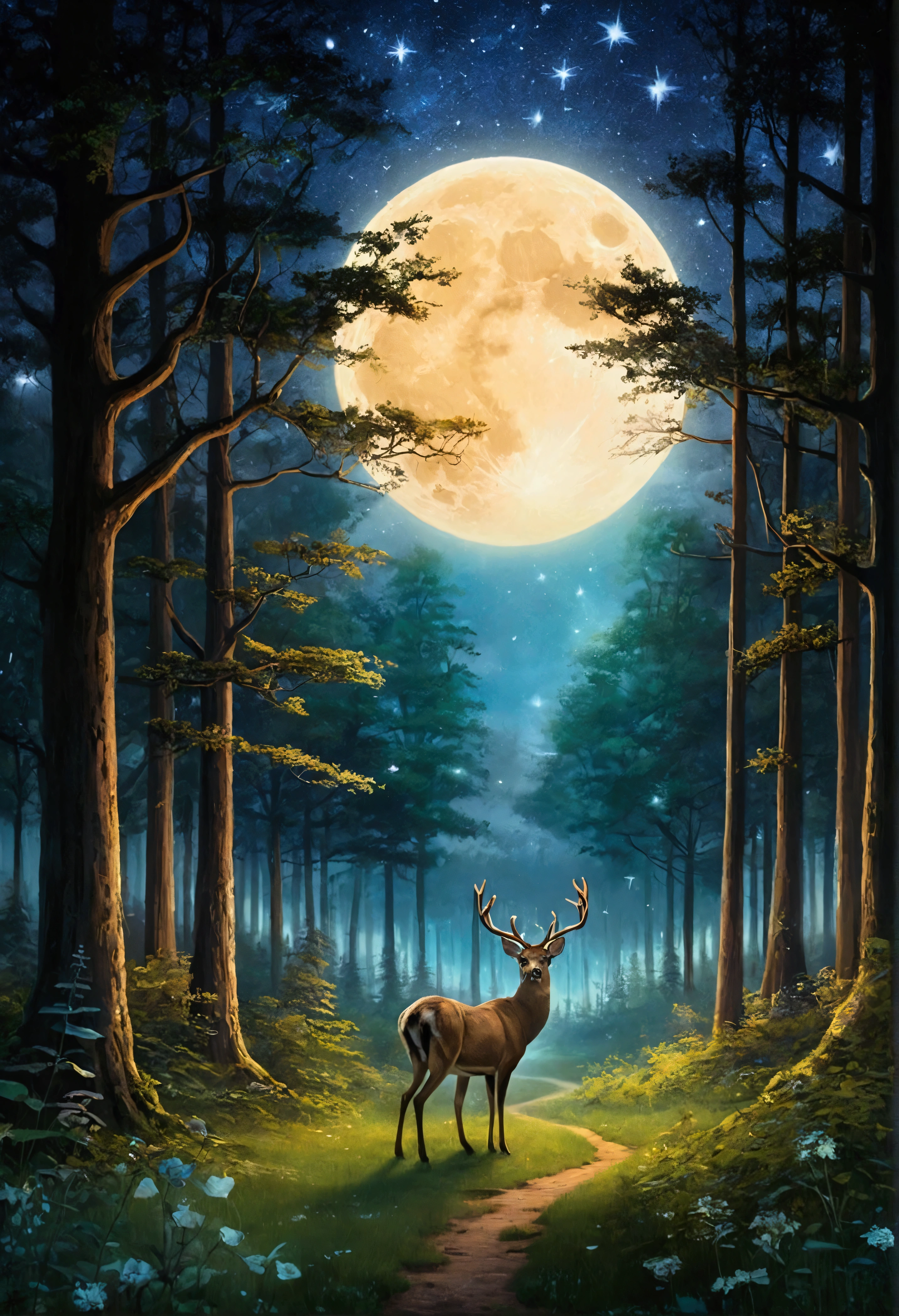 An enchanted forest at dusk, with tall trees and glowing lights from fireflies lighting the way. In the distance, a majestic deer calmly watches, surrounded by an aura of tranquility. The sky is full of stars, and a full moon illuminates the scene, creating an atmosphere of peace and hope amid nature."