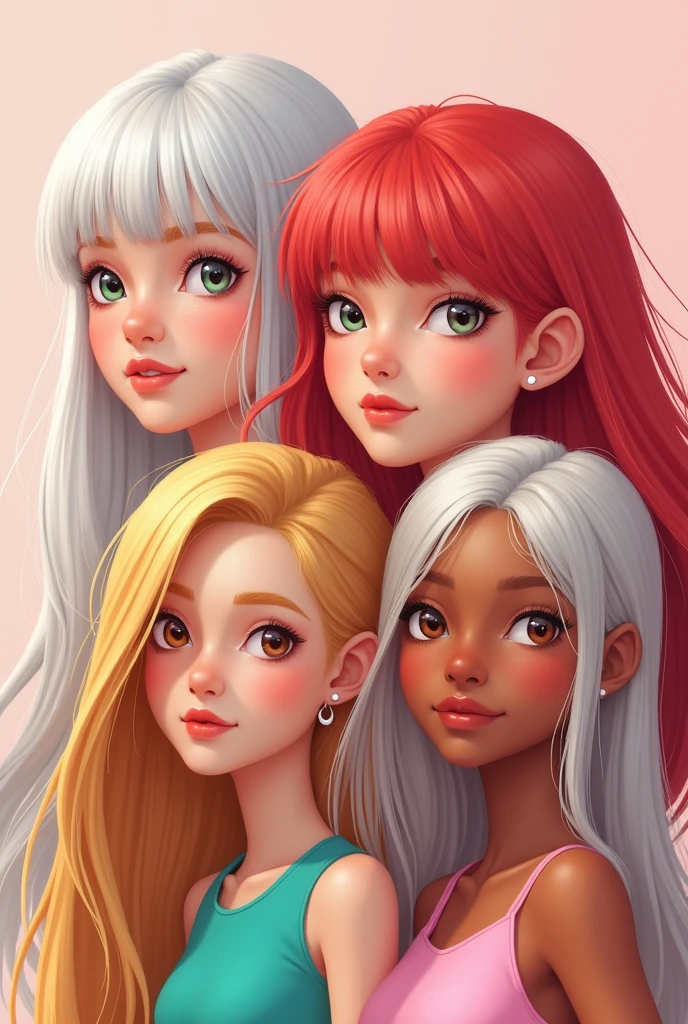 four girls, the first one with long white hair with bangs, Caucasian skin, greeneyes. the second one with short red hair with bangs and pale skin. the third one with long straight pink hair and tanned skin. The last one with platinum blonde straight hair.