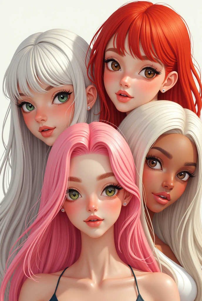 four girls, the first one with long white hair with bangs, Caucasian skin, greeneyes. the second one with short red hair with bangs and pale skin. the third one with long straight pink hair and tanned skin. The last one with platinum blonde straight hair.