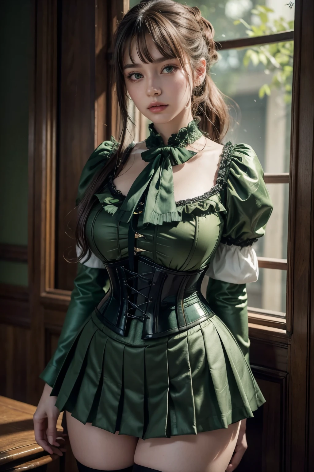 8K,((masterpiece)), ((best quality)), (ultra-detailed), High detail, professional photograph, highest quality, floating hair, beautiful detailed, (((realistic))), hyper realistic character,natural lighting ,beautiful detailed eyes,1girl, solo,blunt bangs, realistic, ((a girl with a large bust)), her blouse is about to burst from her large breasts, short ponytail, bangs, thick thighs, beautiful detailed eyes, beautiful detailed lips, extremely detailed eyes and face, long eyelashes, , ((green corset blouse)), ((green blouse)), (black pleated skirt), thigh-high socks, suspenders, photo-realistic, 8k, vivid colors, masterpiece, anime, cinematic lighting, soft focus, (from front:1.4)