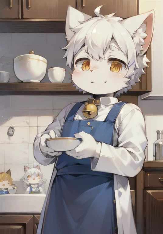 kitchen,short hair,White hair,Ahog,bell,Pocket Watch,child,hairy,Cat ears,Smile,No spots,There is white fur everywhere.,There is white fur everywhere.,Cat ears,Cat type,hairy大尾巴,masterpiece,High quality portrait,toy doll,Chef boy,wind,White pants,White coat,Blue Apron,Super cute face,Golden Eyes