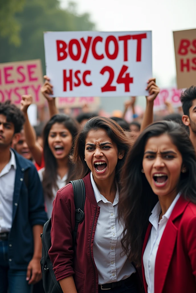 Wearing college dress boys  and girls protest with aggression face with banners where write "Boycott Hsc 24" and in background written Rajshahi 