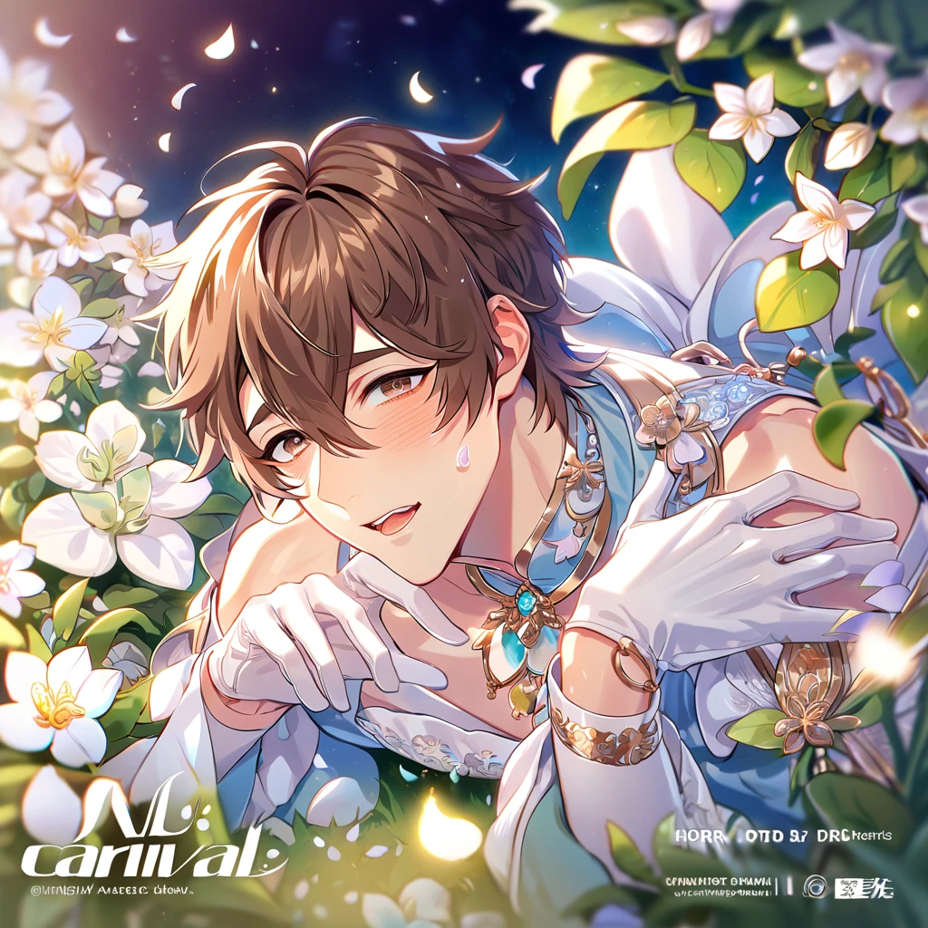 absurdres, highres, ultra detailed, HDR, master piece, best quality, extremely detailed, detailed eyes, Eiden, brown hair, expressive brown eyes, Nu Carnival, solo, sexy man, handsome, horny, lewd, fantasy, accessories, light-blue dress, long white gloves, Cinderella, spring, flowers, green leaves, magical garden, white fantasy, petals, night