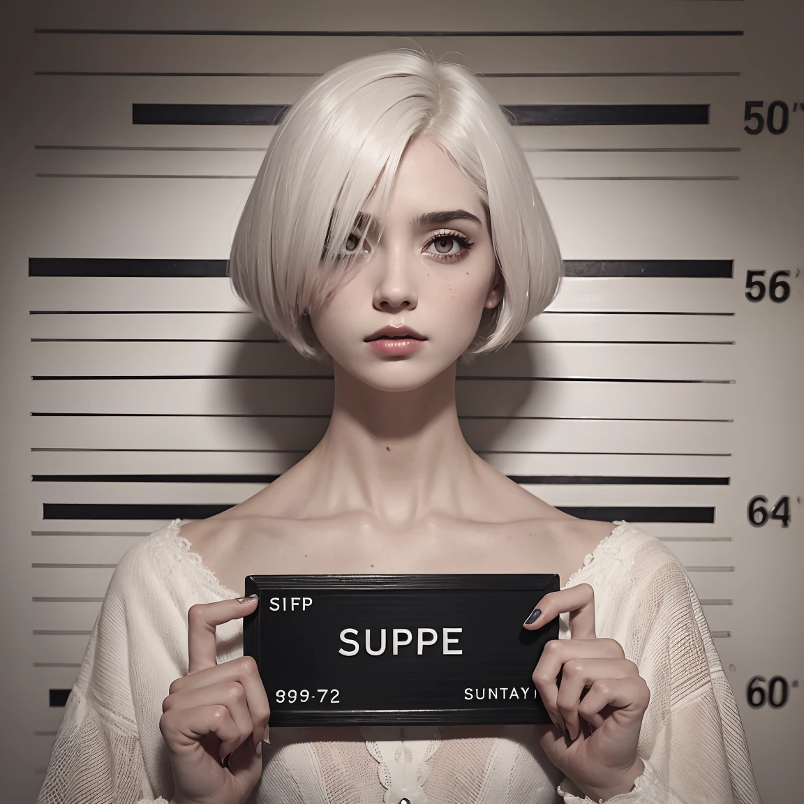 corpse, sinister, female, thin, pale, looking at the camera, ultra realistic, fully detailed, cemetery environment, bright eyes, white dress torn and stained with blood, bones exposed, putrid wounds, sensual, terrifying, bruised by the body, exposed fracture in the collarbone, slight smile, super detailed, white eyes,gun shots in the body, short white hair,