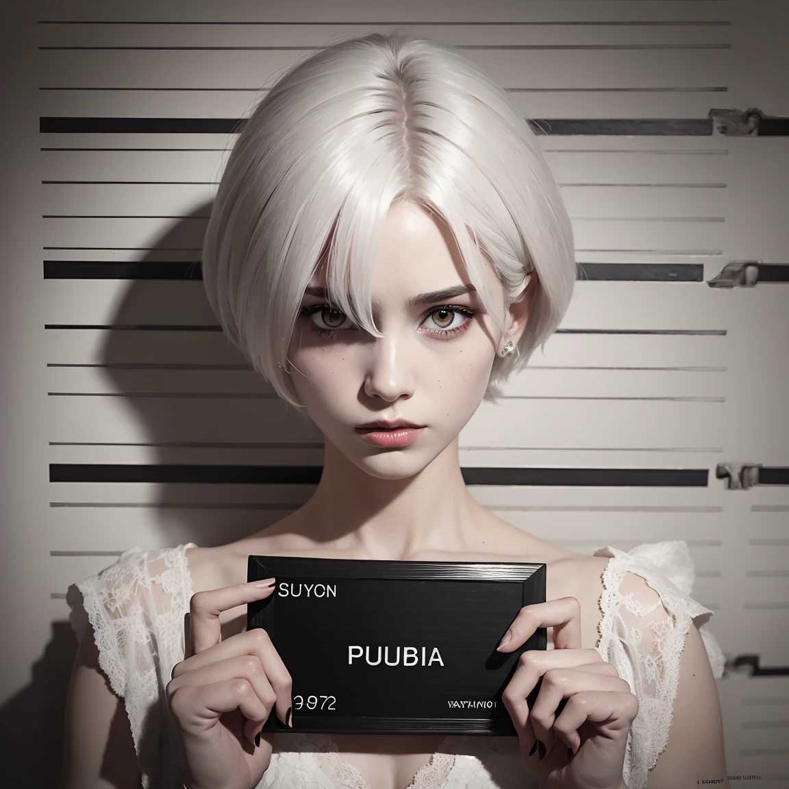 corpse, sinister, female, thin, pale, looking at the camera, ultra realistic, fully detailed, cemetery environment, bright eyes, white dress torn and stained with blood, bones exposed, putrid wounds, sensual, terrifying, bruised by the body, exposed fracture in the collarbone, slight smile, super detailed, white eyes,gun shots in the body, short white hair,