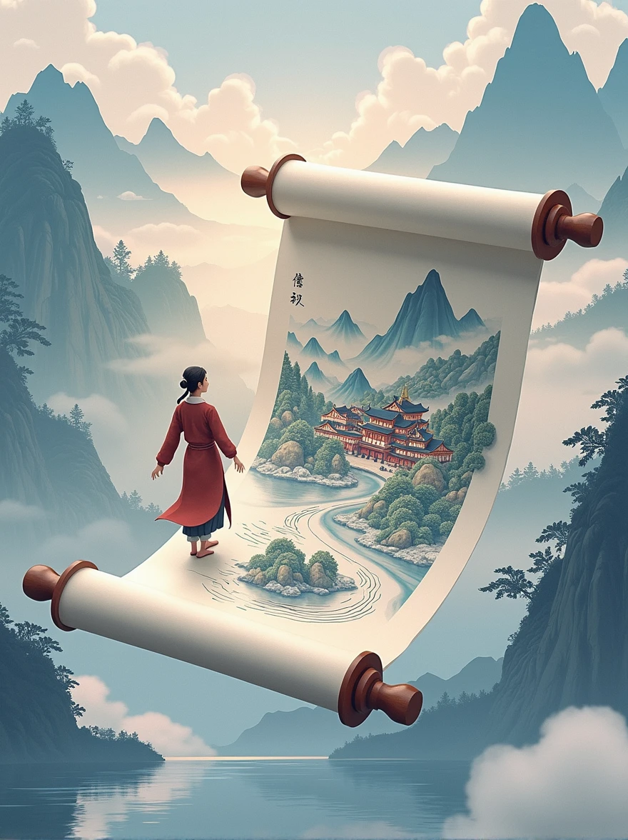 Style Chine-Chic, matériau en feutre, un parchemin ouvert flottant dans les airs, avec un village anciens dessus. Sur le parchemin ouvert, avec des illustrations de montagnes et de rivières en arrière-plan. Présentant des montagnes ondulantes, soie, macro, surréalisme haute définition, longues vagues, coutumes fraîches et élégantes, Tons blancs et bleus, point de vue macro
