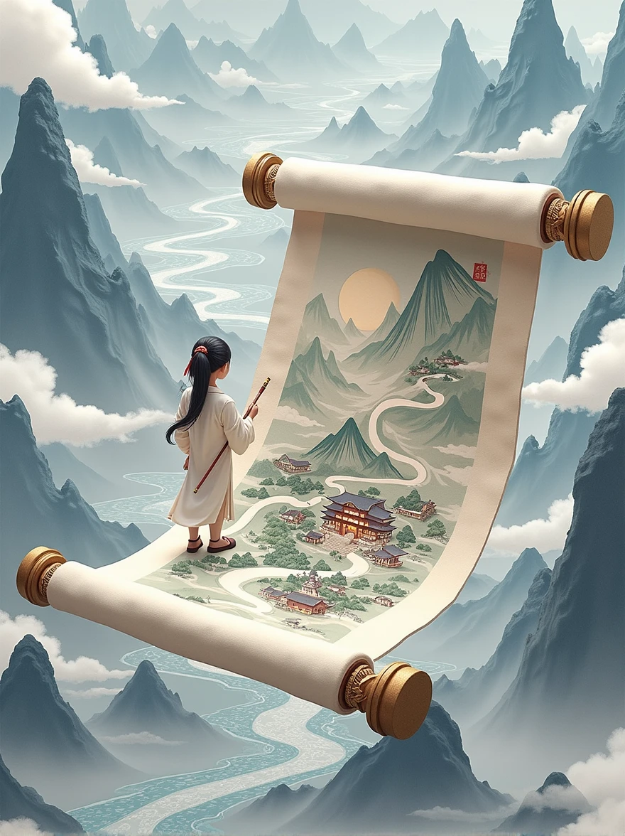 Style Chine-Chic, matériau en feutre, un parchemin ouvert flottant dans les airs, avec un village anciens dessus. Sur le parchemin ouvert, avec des illustrations de montagnes et de rivières en arrière-plan. Présentant des montagnes ondulantes, soie, macro, surréalisme haute définition, longues vagues, coutumes fraîches et élégantes, Tons blancs et bleus, point de vue macro
