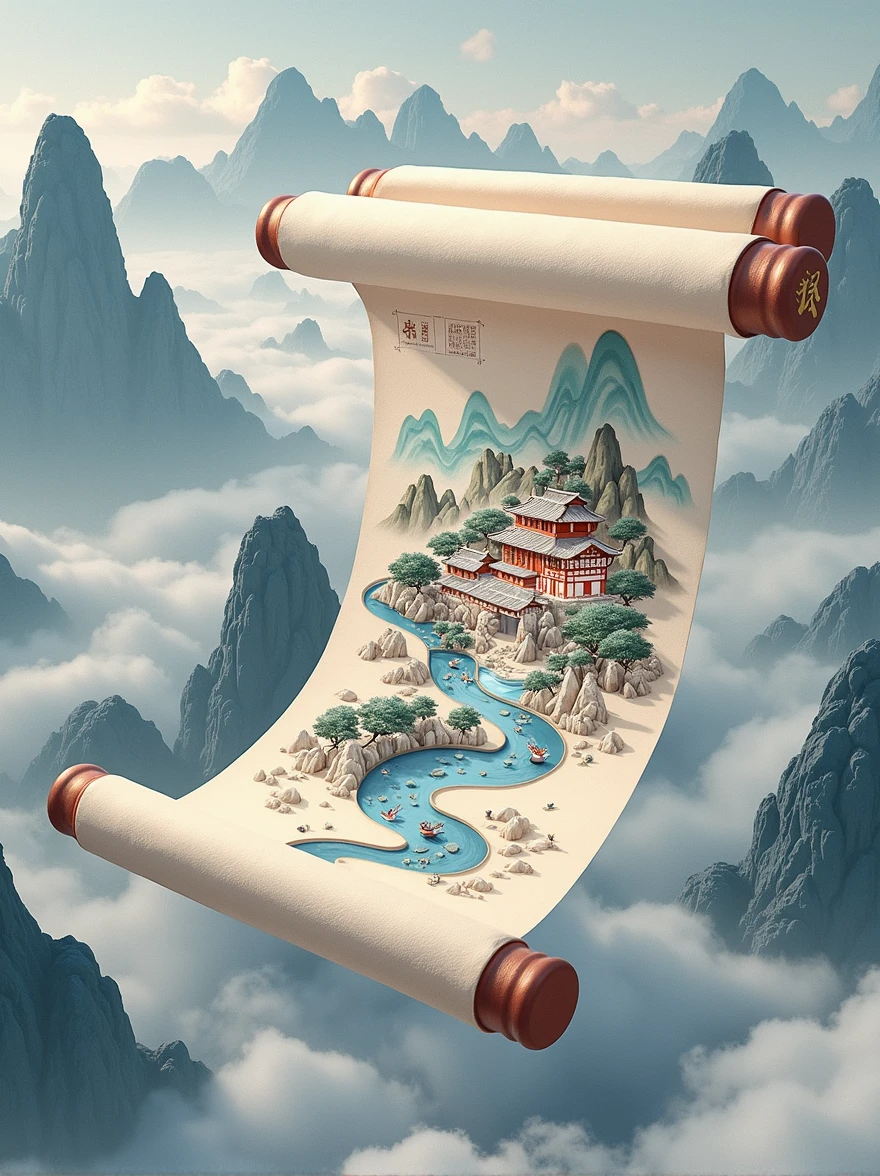Style Chine-Chic, matériau en feutre, un parchemin ouvert flottant dans les airs, avec un village anciens dessus. Sur le parchemin ouvert, avec des illustrations de montagnes et de rivières en arrière-plan. Présentant des montagnes ondulantes, soie, macro, surréalisme haute définition, longues vagues, coutumes fraîches et élégantes, Tons blancs et bleus, point de vue macro

