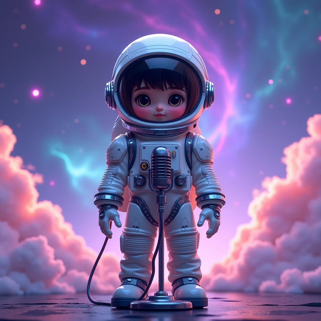 full zoom clean pose of a little human astronaut avatar voiceover artists standing infront of Mike recording voice with purple background standing in galaxy