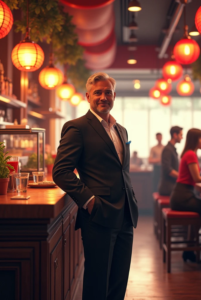 Restaurant owner in the Restaurant 
Restaurant clearly visible