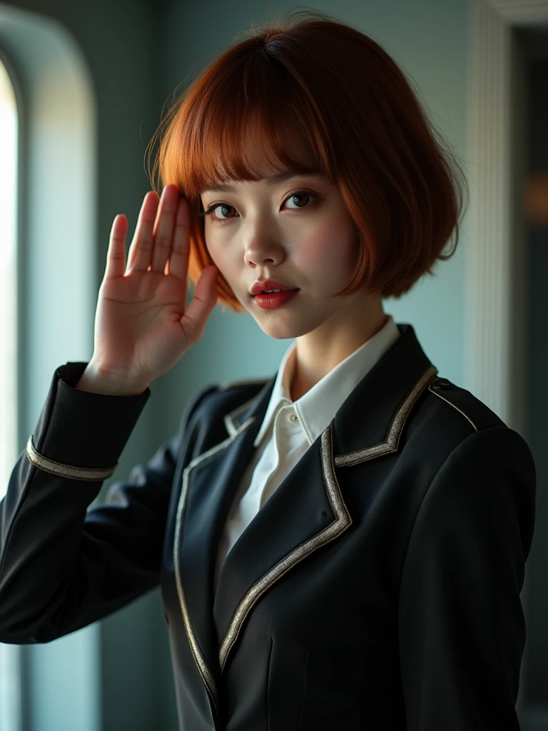 (Model shooting style), Lonely, Shiny Hair、 Extremely rich facial detail, 美Shii目, bright, さびShii目, Stunning beauty, (Rembrandt Lighting), ARRI Lenses, Surreal, (Skin with attention to detail:1.2),8k,ARRI ALEXA 35,White Promist, Dramatic Rim Light, high quality,とても繊細で美Shii, 素晴らShii, In detail, masterpiece, Very detailed, High resolution,Best Shot, Best Shadow,Complex,Sharp focus, high quality, alone.cute,美Shii肢体、Flexible muscles、美Shii尻、Lens flare,Beautiful breasts,Cool eyes,Glossy Lips,smile,Glowing Skin,Cinematography, Portrait Photography, 

Earth Federation Forces。Lieutenant Matilda。Short reddish-brown hair。Black and gray two-tone uniform。Dark Eyes。Red Rouge。brightグレーの制帽に地球連邦軍のエンブレム、Black brim。brightグレーの制帽。
sexly。Slender。
Military ship 、Command Room。
Beauty。Beautiful breasts。Is saluting。In the left hand is the evaluation file.。
masterpiece、Highest quality、8k、uhd、High definition、Fine skin quality。Realistic、
From the waist up
(saluteをしている)(Holding a file notebook under the arm)Rin々Shii。The charm of an adult woman。salute