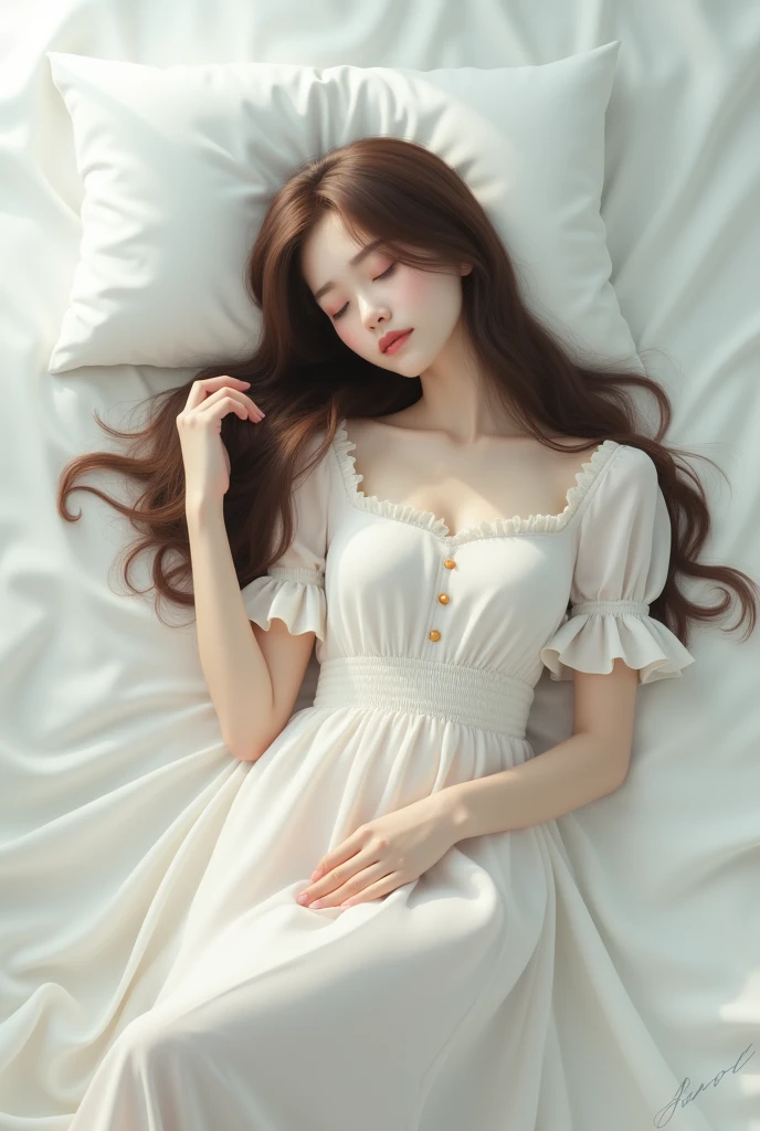 Teenage woman lying down in a white dress ,Long Hair