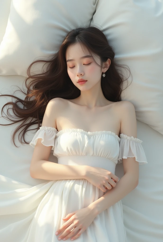 Teenage woman lying down in a white dress ,Long Hair