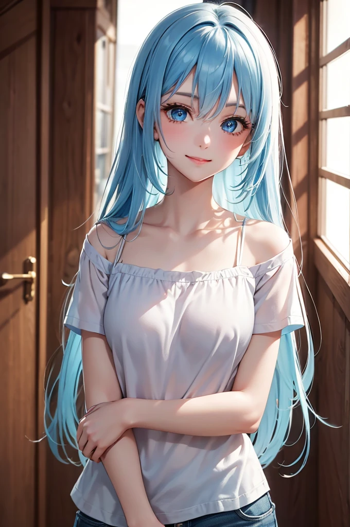 Best Quality,High resolution,8k,finelity detailed background,Masterpiece:1.2),beautiful girl,Shiny light blue hair,messy hair,Light blue eyes,Gentle look,A refreshing look,smile,Best quality,Best Quality,Aesthetic and aesthetic:1.2,Best details((Super detailed))(High-definition CG illustrations),cropped shirt,Shorts,Slender body,Inside the room,smile,blush,cute,Scrounge,Looking up,Being spoiled,super model