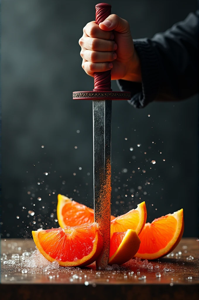 Fruit cut with sharp shinning Sword 