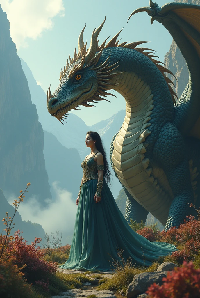 A woman with a dragon by her side with as much detail as possible, in a beautiful fantasy and magical landscape. In the game of thrones style, with a lot of realism, cinema, poster, and 8k resolution.