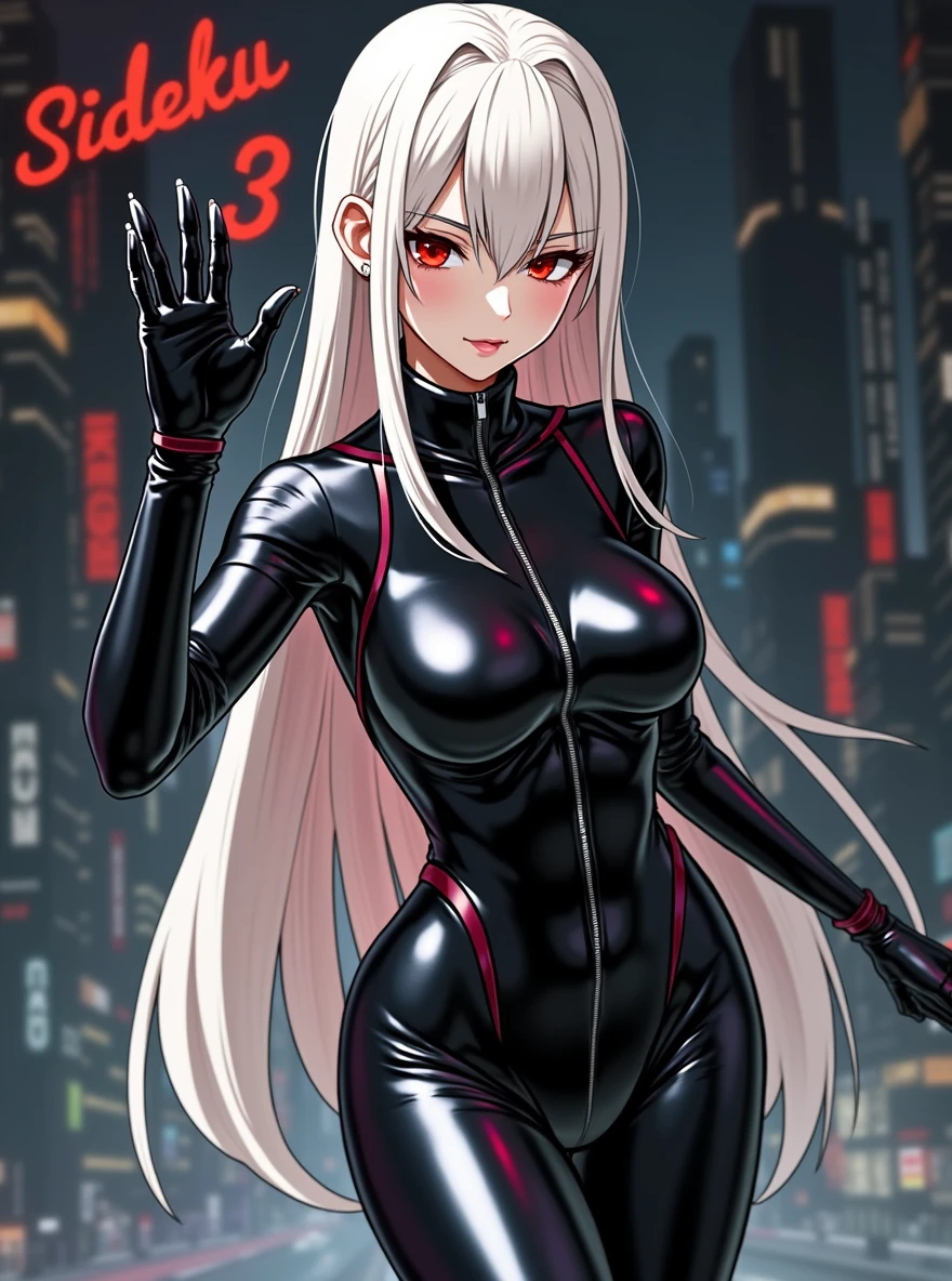 a girl in a black latex suit with the city in the background and above her there is the inscription Sideku 3