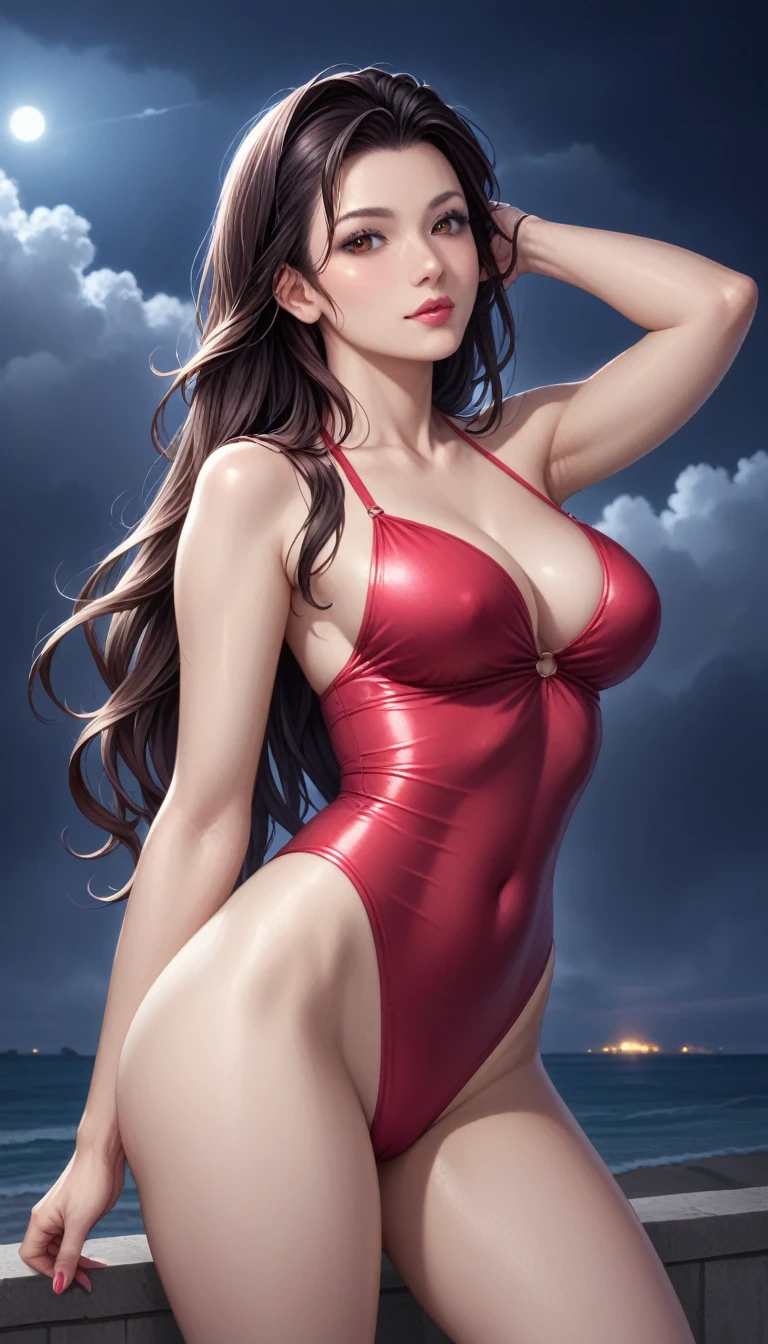 score_9, score_8_superior, score_7_superior, High-resolution CG illustration,A masterpiece in 32K resolution,Highest quality,it is really amazing,Very detailed,Ultra-high resolution,Ultra-realistic,Realistic,Increased depth of field,Cinematic lighting,
???? mature Japan woman,
Straight long hair with black hair,Ultra-detailed and beautiful face,Calm and gentle look,Beautiful brown eyes,Translucent white skin,Realistic skin texture,Great proportions,
Elegant red swimsuit,
Simple design,Chic color scheme based on red,Detailed fabric texture,
(Dark overcast sky on a dull night:1.1),(Dark clouds filling the sky:1.1),Thundercloud,Coastline at night,Stormy seas,delay々A desolate sandy beach that continues,
Shapely ???,(Beautiful back view:1.1),Cinematic,