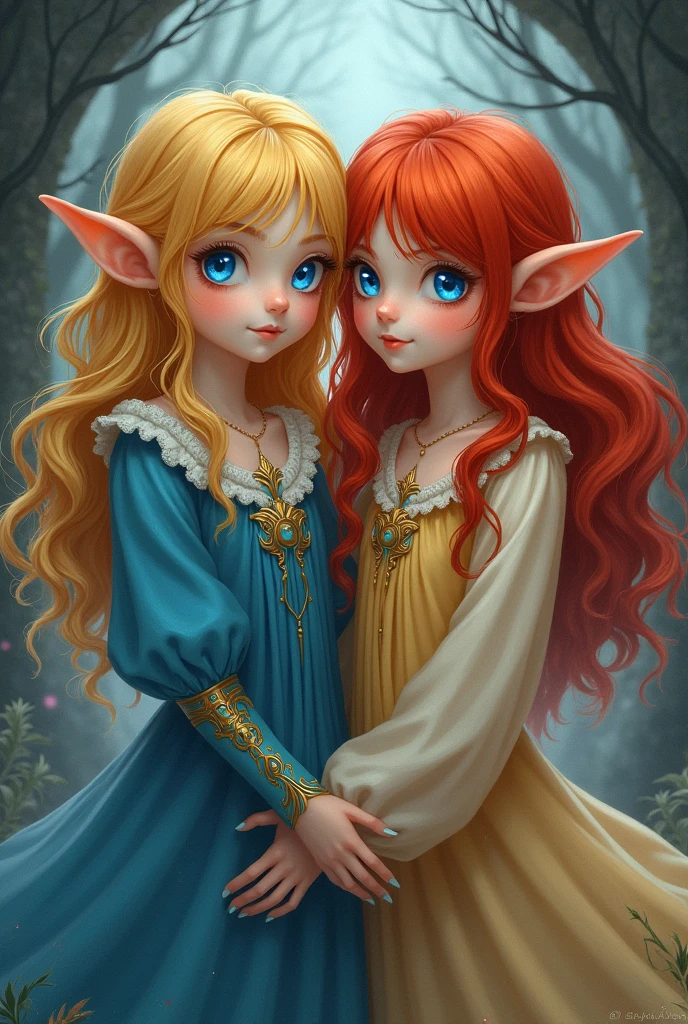 A blonde haired girl, blue eyes 4’5 feet tall  with her girlfriend that has red hair 5’5 Blue eyes and both are Therions