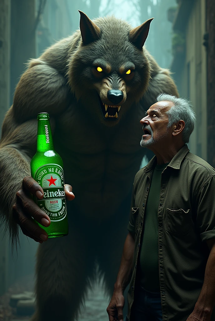 (photorealism:1.2),werewolf, heineken,old man