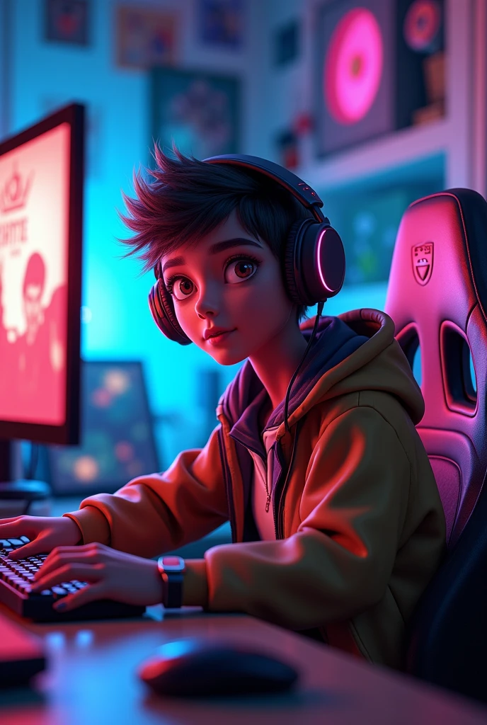 Create an image of an avatar in your gamer room, LOOKING AT ME