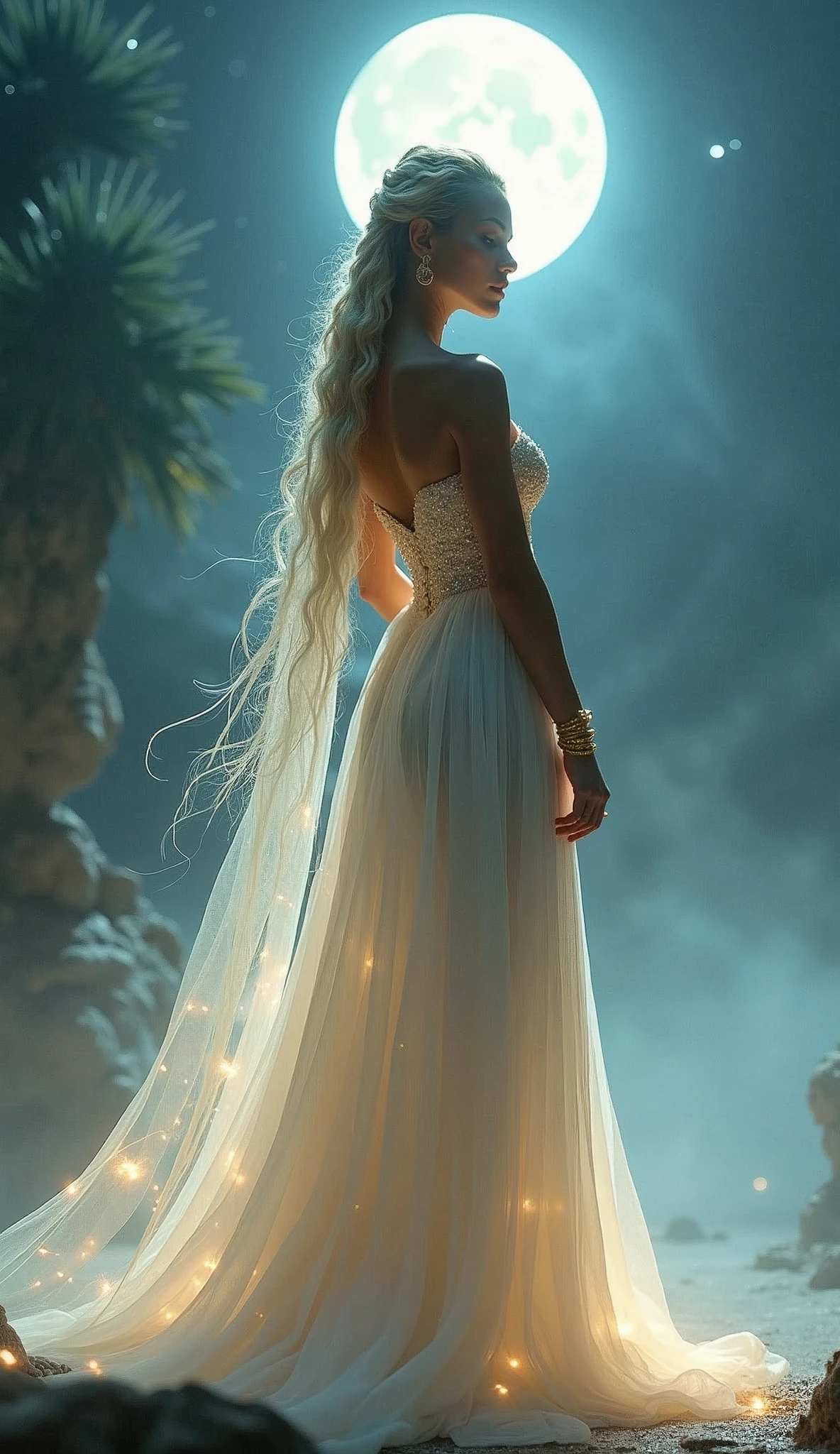 Latina goddess, in a long transparent gossamer white gown, blonde braided haibreast, large toned boot, nighttime, full moon, , glowing, glimmer, golden ratio, detailed, high quality, vintage photography, beautiful, tumblr aesthetic, retro vintage style, hd photography, hyperrealism, hyper detailed, cinema 4d, national geographic photo, hyperrealism, radiant, detail
