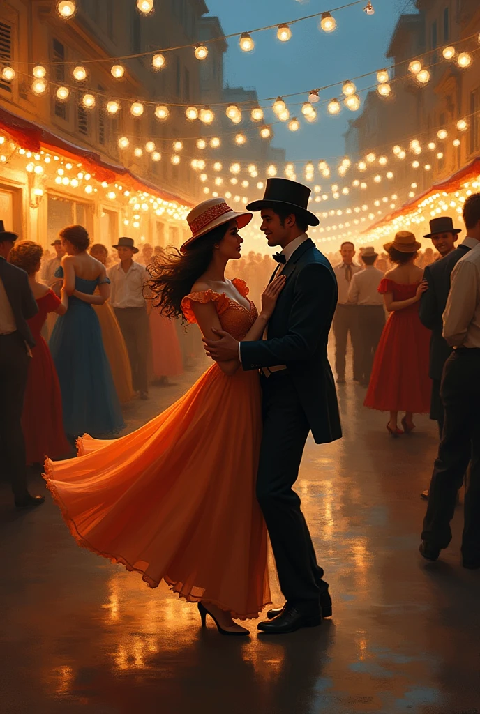 make a pic of a girl and a boy in their early 20's dancing in the midst of a crowd. (1890's era/vibes) make it chaotic like they were in a night festival/event. the girl wears a hat and very flowy and beautiful dress while the boy wears a suit but not that formal.