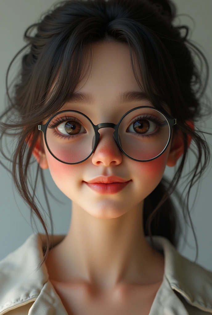 A teenage female with dark brown eyes, with broken hair, thick lips, high, thin and with a nice smile, put on glasses,3d render