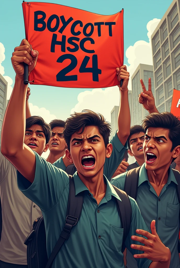 Wearing college dress boys protest with aggression face with banners where write "Boycott Hsc 24" and in background written Rajshahi
