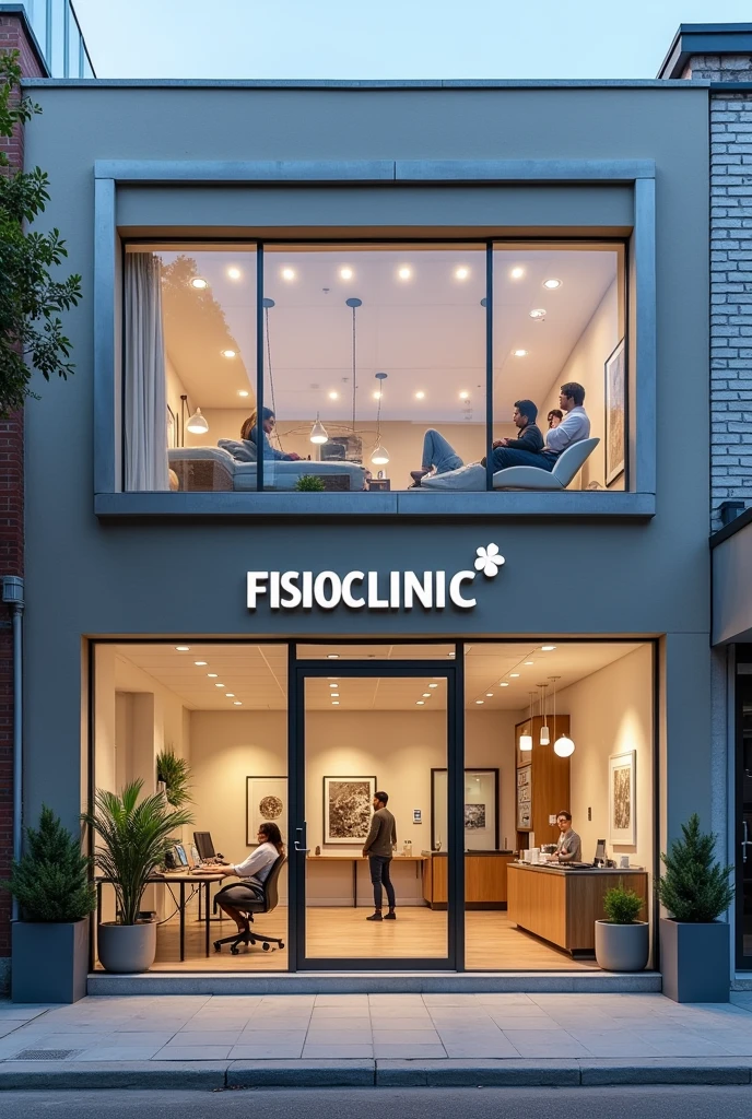 Create an image of a physiotherapy clinic with the name fisioclinic, the name should be visible. 
