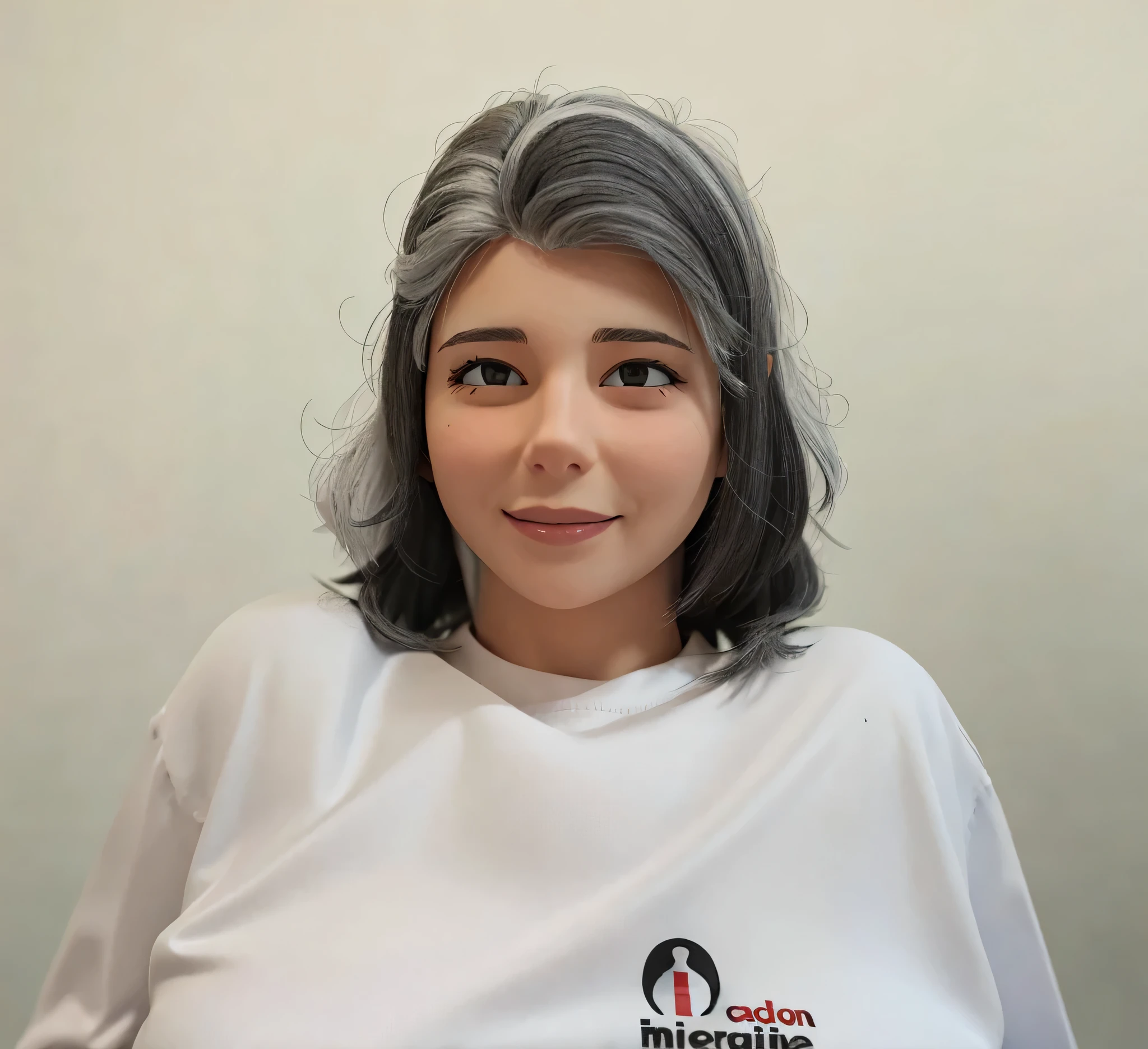 Caucasian female, hair grey, smiling, white shirt.