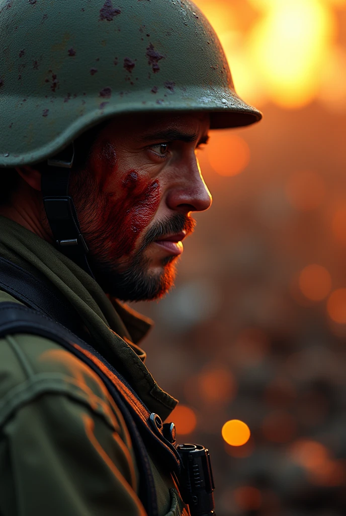 Soldier at war, image close to the face, face covered in blood, orange lighting, nblurry background, image with resolution 1920x1080 pixels