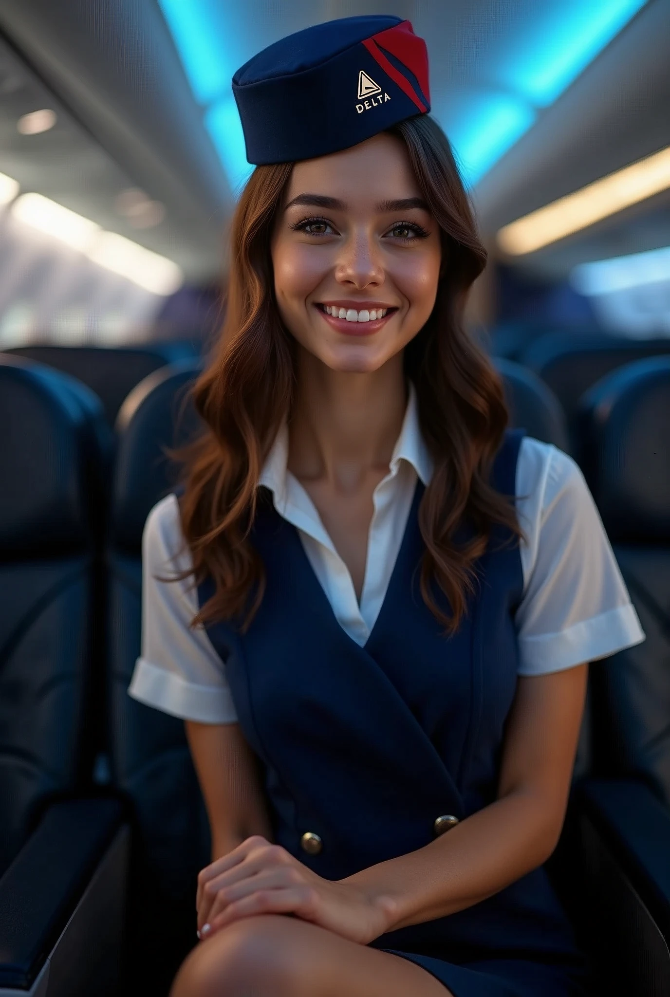 long shot scenic professional photograph of photorealistic, masterpiece, best quality, raw photo, 1girl, 23 years old, medium breasts, long hair, brown hair, wide sexy smile, exposing pearl white beautiful teeth, cosplaying Delta Airline Stewardess, collared professional airline badged uniform with cap, on-board service in luxurious First Class, B-787 Dreamliner First Class cabin, looking at viewer, goddess, long legs, open legs, from front, dynamic lighting, dynamic poses, in the dark, deep shadow, low key, intricate detail, detailed skin, pore, highres, hdr, perfect viewpoint, highly detailed, wide-angle lens, hyper realistic, with dramatic sky, polarizing filter, natural lighting, vivid colors, everything in sharp focus, HDR, UHD, 64K