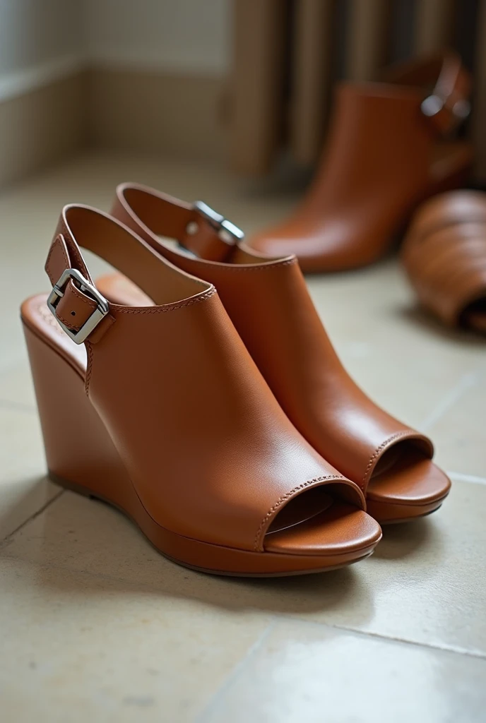 Close up on a pair of African American open toe wedge sandals On the floor next to a small pair of other shoes