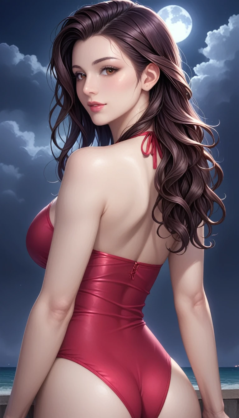 ((realistic:1.5)),((best quality)), ((masterpiece)),((detailed)), (1girl), a beautiful female (upper body:1.3),super-wide-angle lens, face focus, toned muscles, long legs, barefoot, slim thighs, narrow hips, green eyes, long eyelashes, small breasts, (perfect detailed face, perfect beautiful eyes, detailed clothes features, night background:1.3), (Normal skin, short messy black hair, outlined eyes, outlined face, bracelet, Full body), wearing red transparent shirt and dnim shorts, posing in a garden, night sky, best shadow, bright details, sharp, perfect composition, Intricate, Sharp focus, dramatic, by Julie Bell, by Olivia De Berardinis, by Luis Royo, by Boris Vallejo