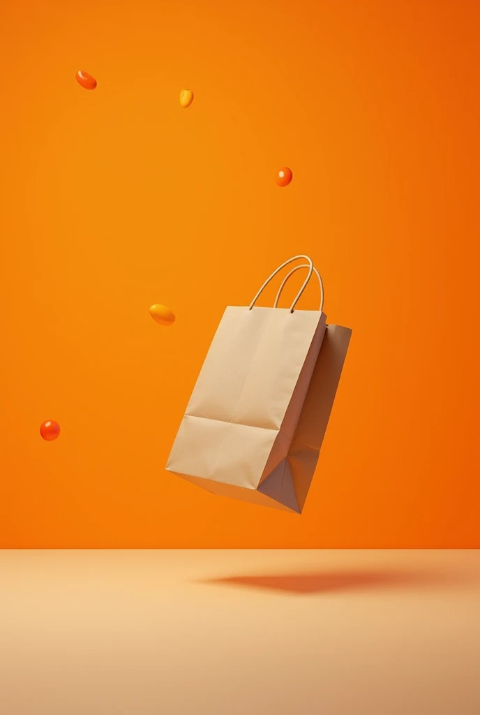 grocery bag falling on a table with no products around and with orange background