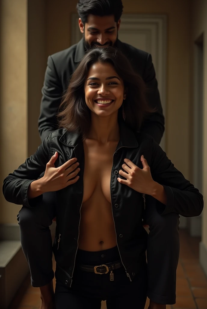 Create a scene where inside a room a fair, smiling and beautiful Indian woman in black satin jacket is carrying a large man on her shoulders, man is sitting on her shoulders , dynamic lighting