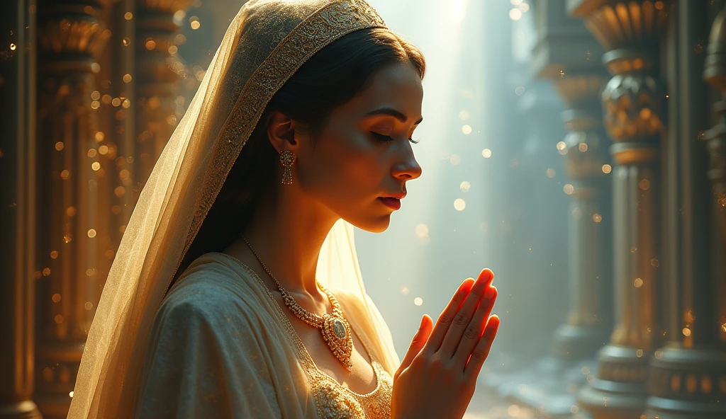 Woman offering prayer,Detailed face,beautiful目,Detailed lips,Long eyelashes,Elegant woman,Detailed clothing,Complex background,Splendid architecture,Dramatic lighting,Structure of the film,壮大なFantasy,Ethereal atmosphere,Shining Aura,Vibrant colors,Realistic,8k,masterpiece、Angel、beautiful、Fantasy、