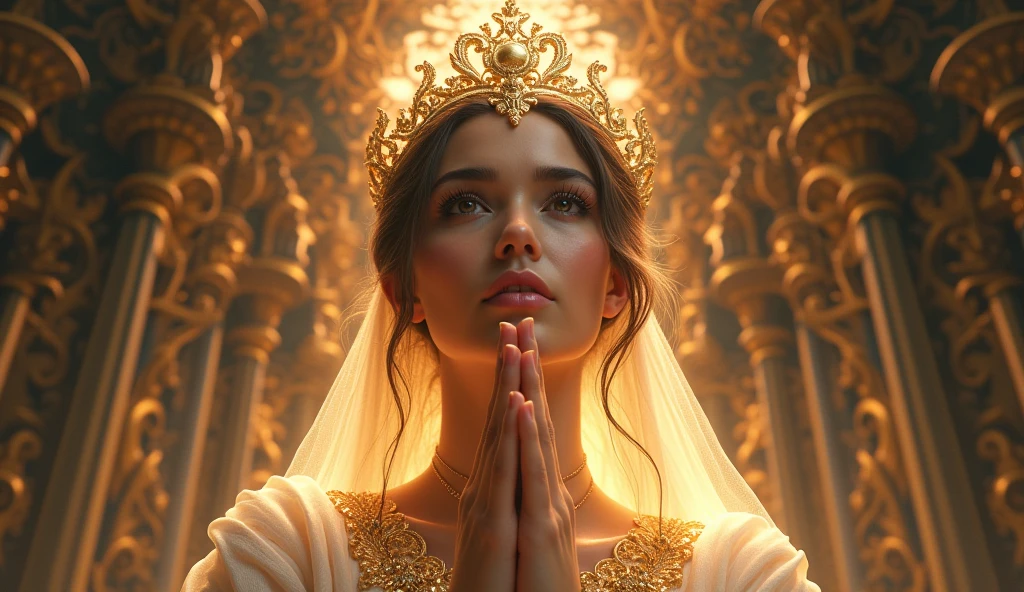 Woman offering prayer,Detailed face,beautiful目,Detailed lips,Long eyelashes,Elegant woman,Detailed clothing,Complex background,Splendid architecture,Dramatic lighting,Structure of the film,壮大なFantasy,Ethereal atmosphere,Shining Aura,Vibrant colors,Realistic,8k,masterpiece、Angel、beautiful、Fantasy、