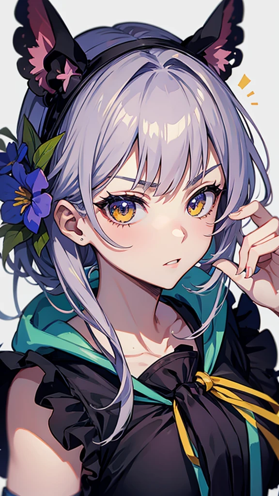 drawing of a woman with a flower on her face, anime styled, jojo anime style, detailed anime face, anime face, hisoka, highly detailed angry anime face, anime inspired, face anime portrait, angry look, stern look, pretty anime face, yayoi kasuma, anime style character, anime style portrait, portrait of hisoka hunter hunter