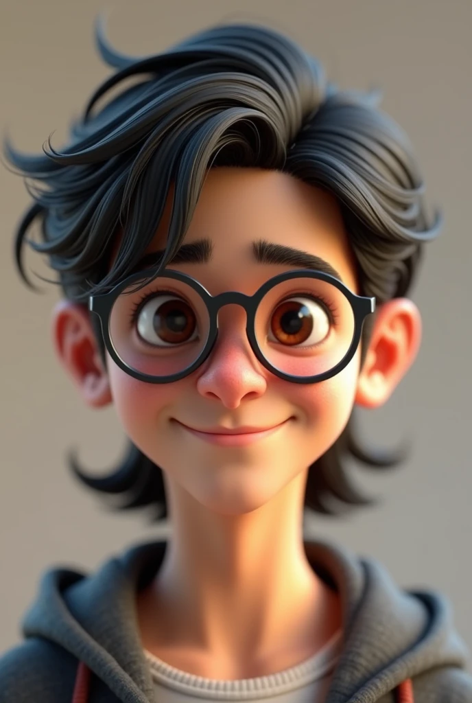 A teenage male with dark brown eyes, with mullet hair, thick lips, high, thin and with a nice smile, put on glasses,3d render