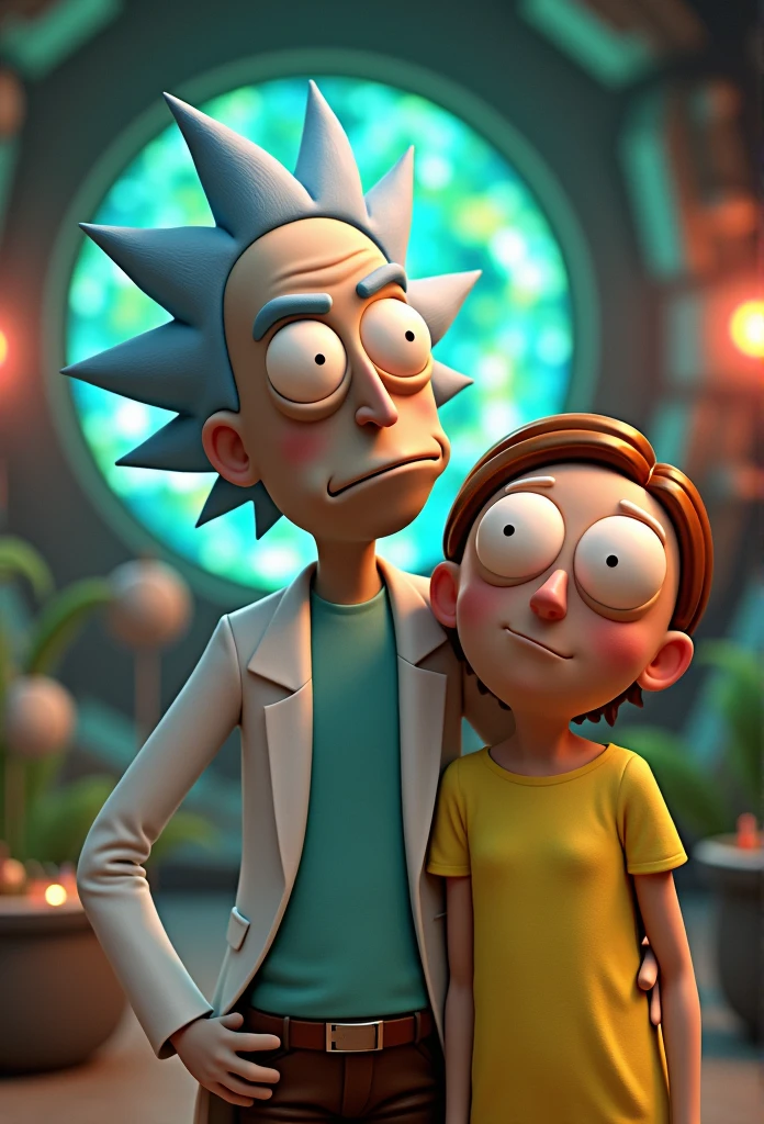 (best qualityer:1.2,ultra detali,realisitic:1.37),Rick and Morty character design in the art style of the Rick and Morty universe,high resolution,proffesional,portraite,アニメ,bright coloured,Physically based rendering,detailed facial features,sharp focus,humorous expression,stylized hair,background of the universe,dimensional portal,humorous props,sci-fi,studio lighting,Bokeh cowboy dress